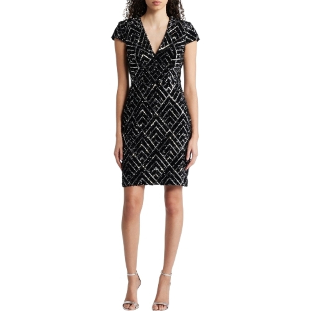 Vince Camuto Sequin Velvet Cocktail Sheath Dress - Size 8 - Black NWT